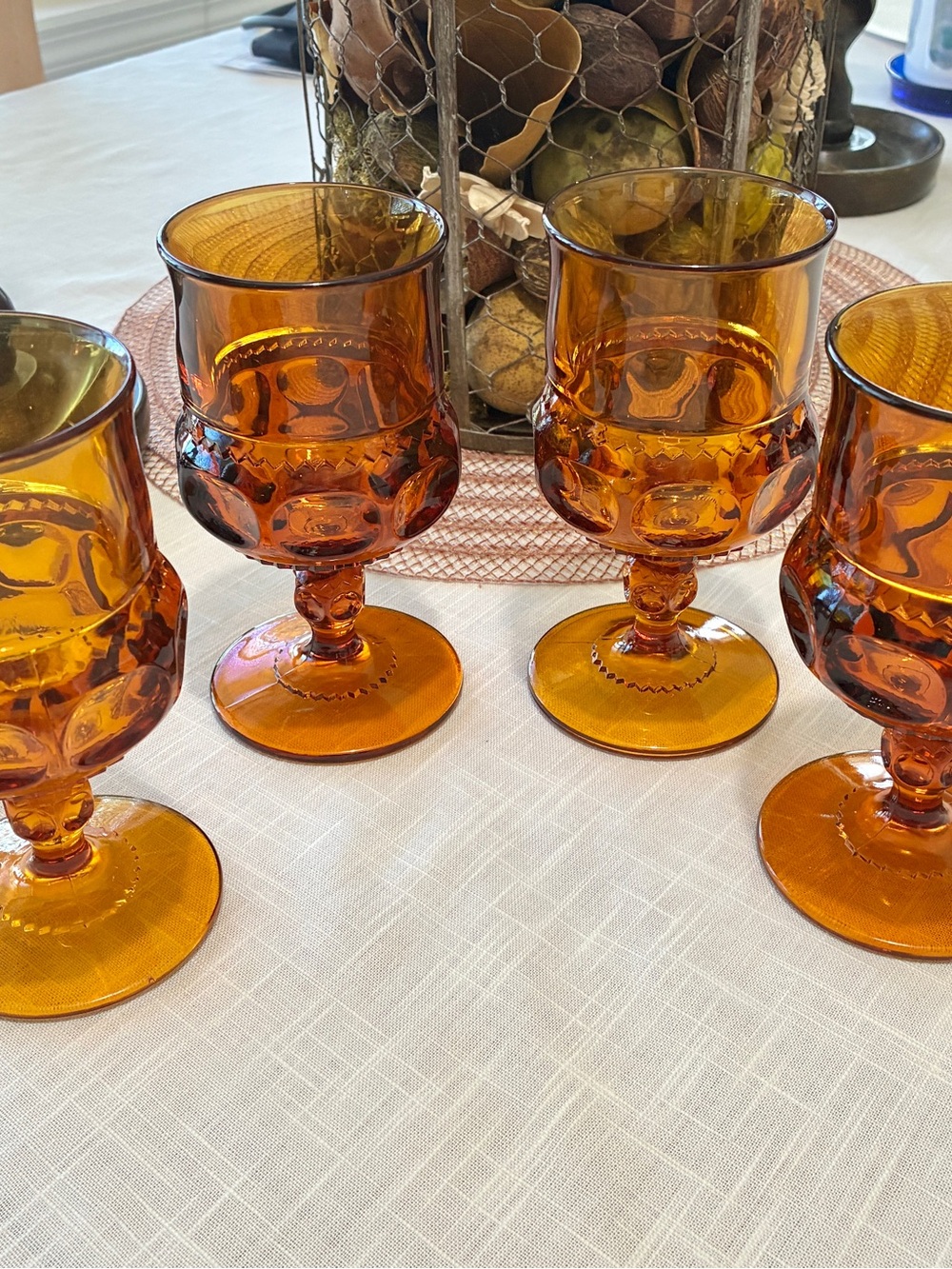 4 Indiana Amber Kings Thumbprint Glass Goblets - Set of 4